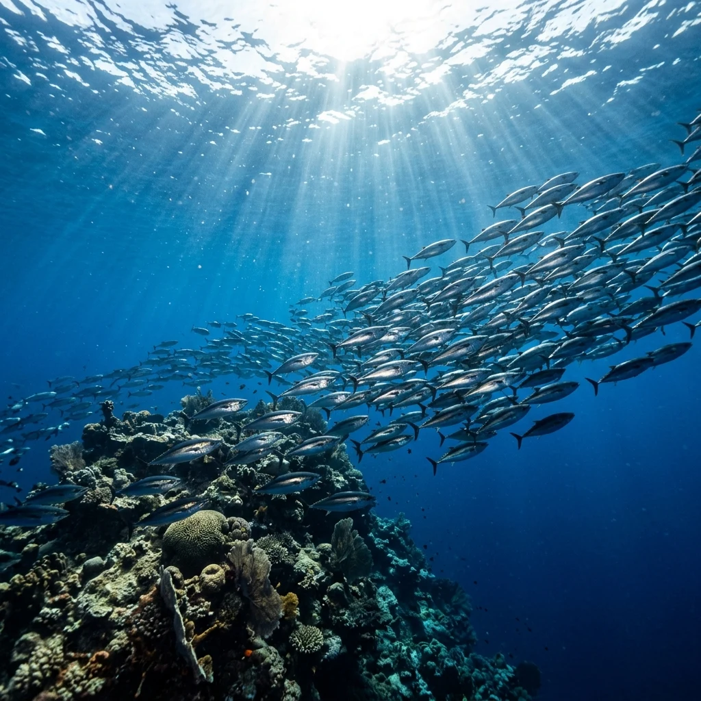 School of fish swimming near coral reef
