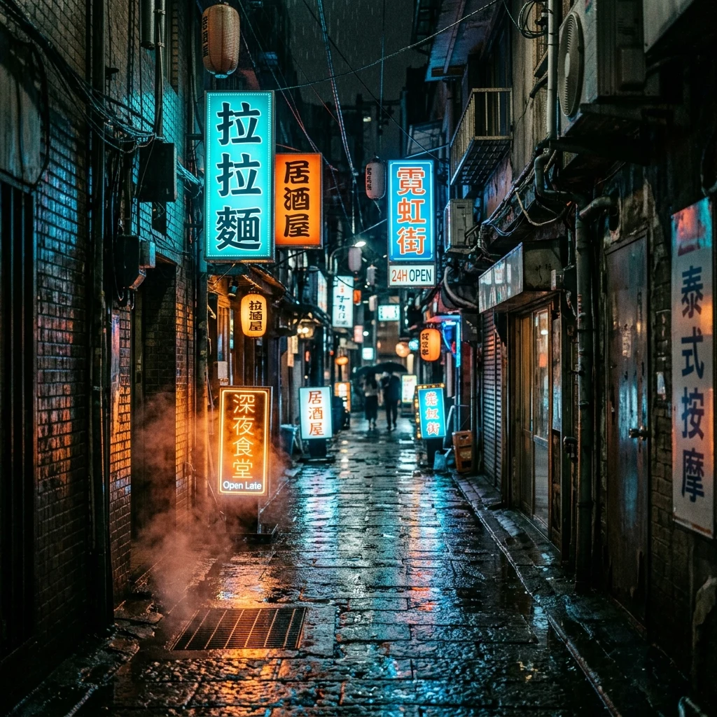 A narrow alleyway in Seoul after a midnight downpour