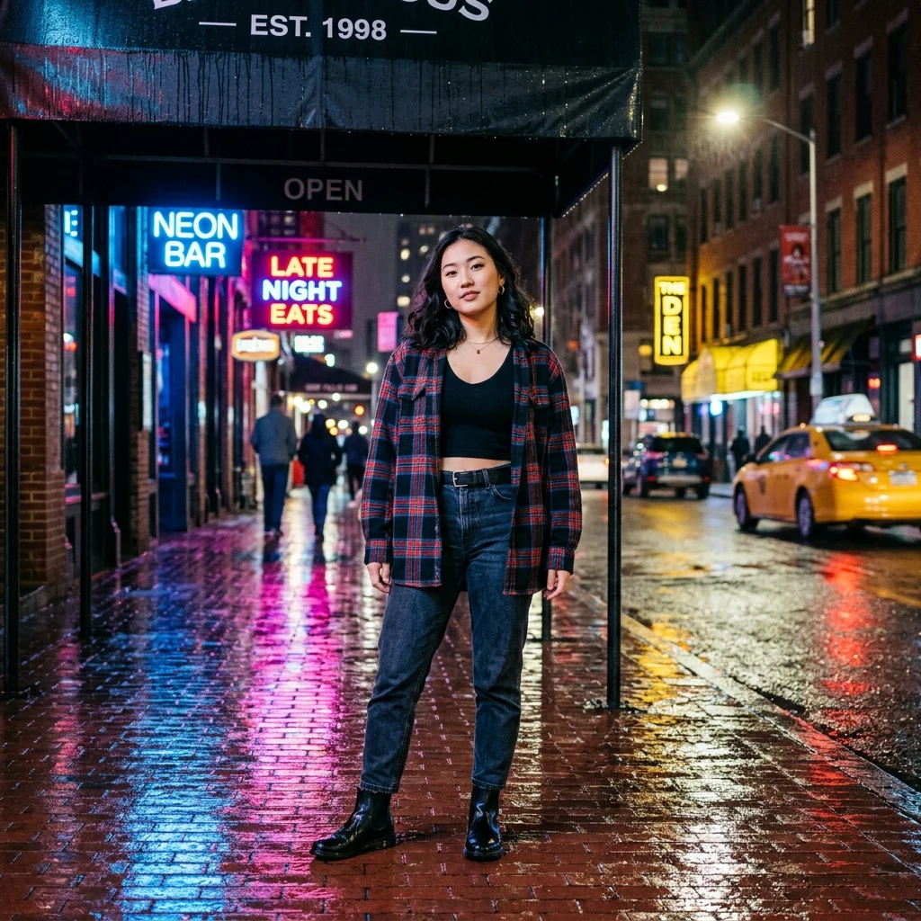 Person standing on a rainy city sidewalk
