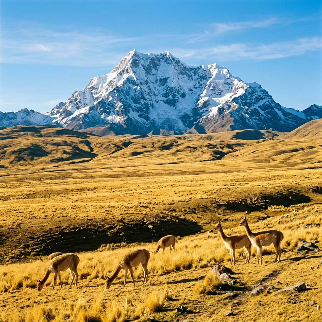 A majestic stratovolcano rising above a yellow ichu grass plain