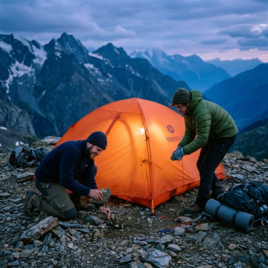 Campers setting up on a mountain ridge
