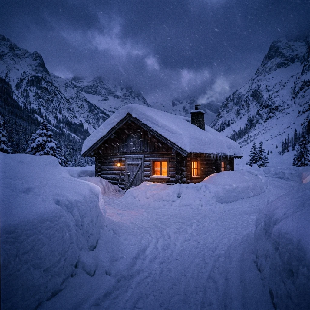A solitary wooden cabin completely enveloped in deep snowdrifts on a remote mountain pass