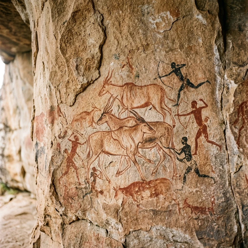 San rock art painted inside a shallow sandstone cave shelter in the Drakensberg