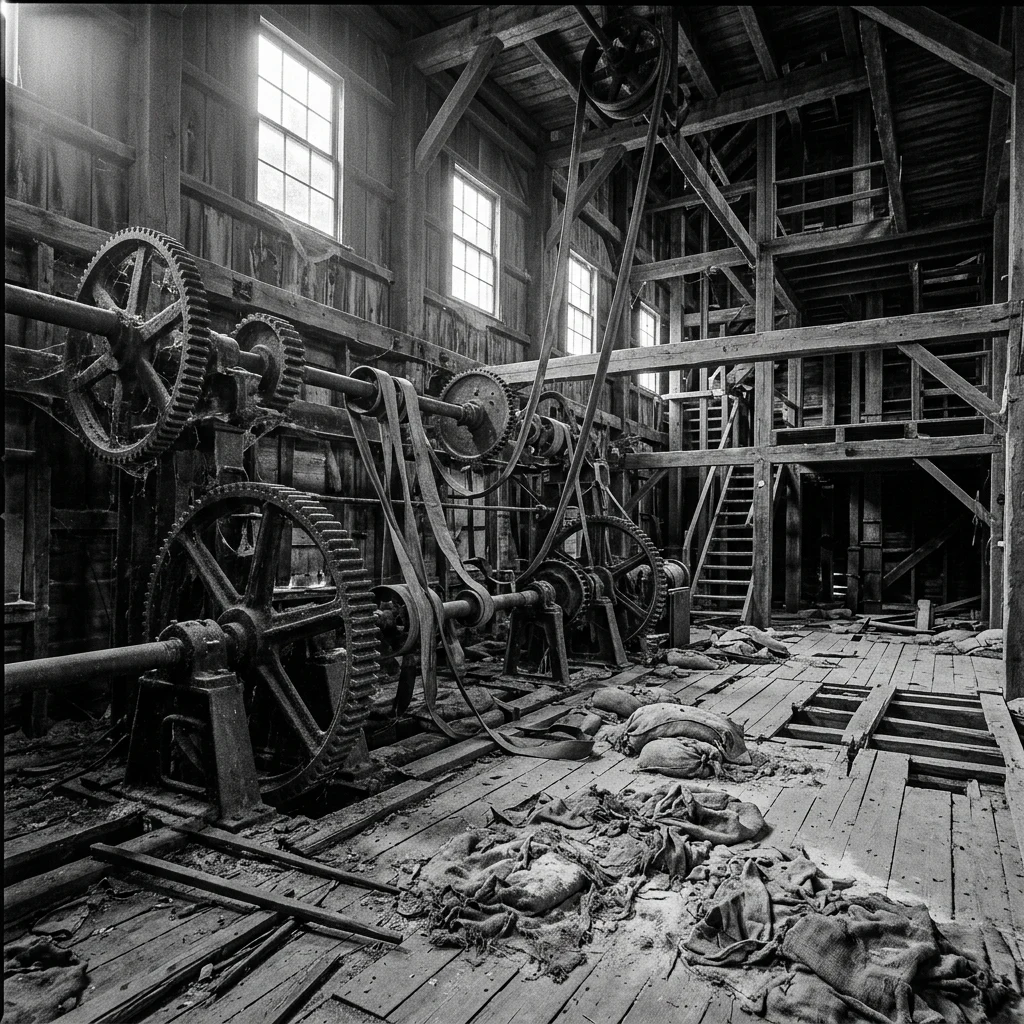 The interior of a rotting wooden grain mill