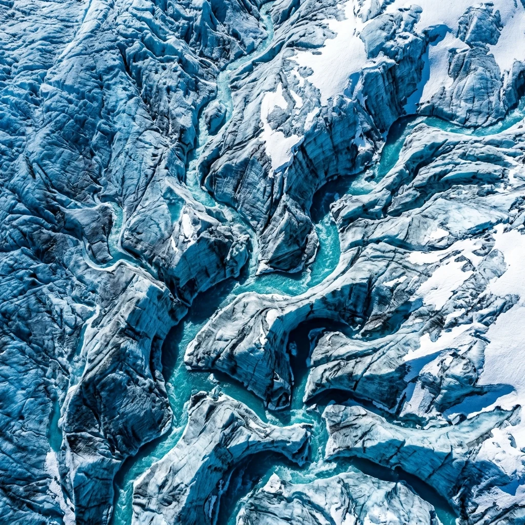 Meltwater channels cut into blue glacier ice