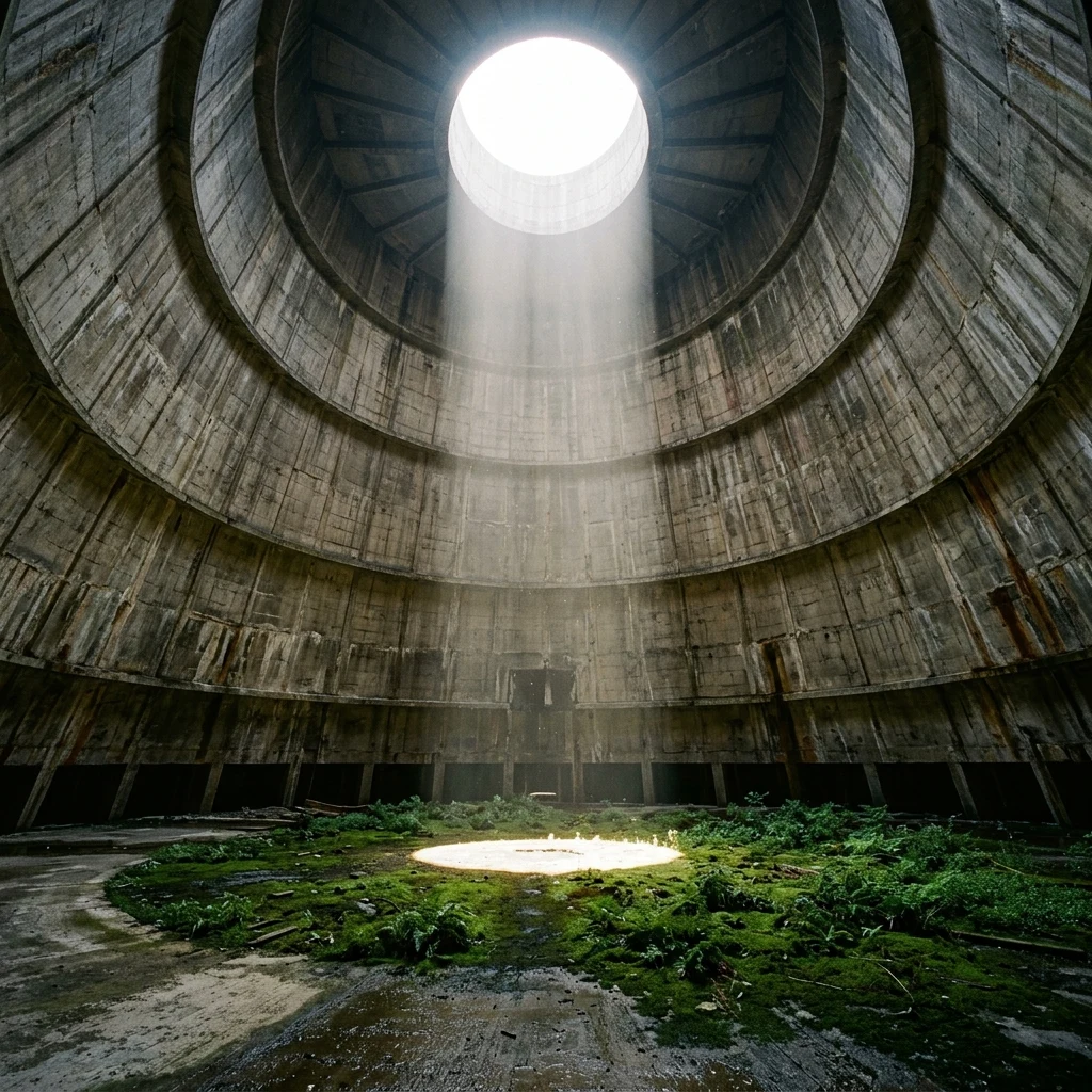 Sunlight streaming into an abandoned cooling tower