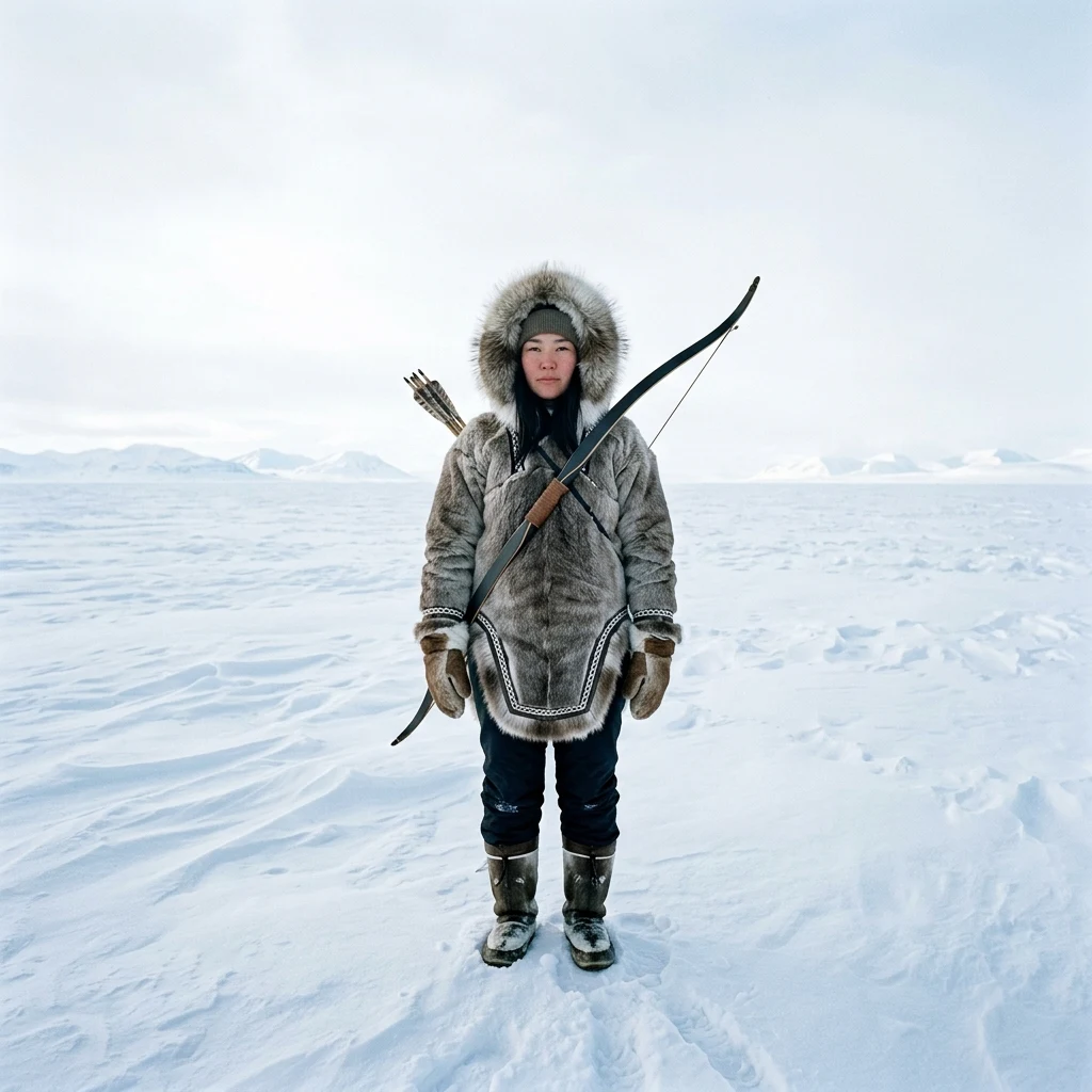 A hunter in her twenties in a hand-sewn caribou parka with a recurve bow across her back