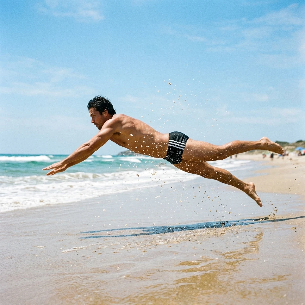 Acrobatic dive on a sunlit beach
