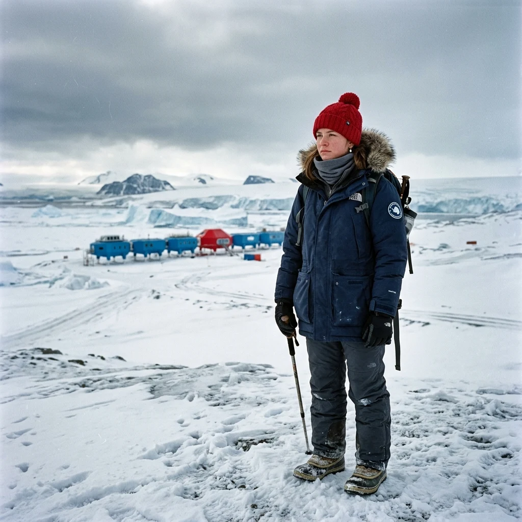 Person in winter gear on snowy plains