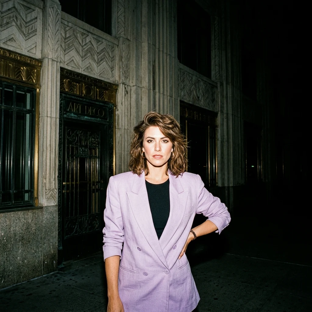 Fashion portrait against an art deco building