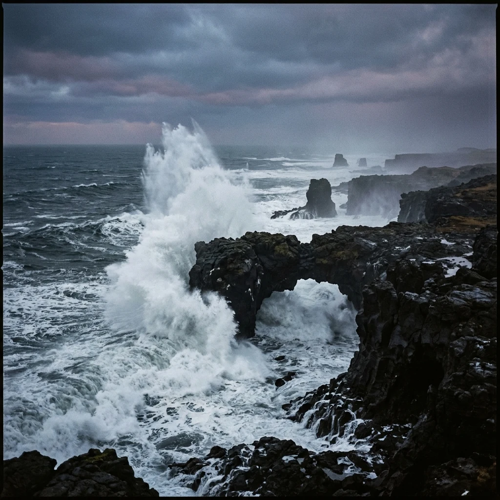 Powerful waves crashing against volcanic rocks