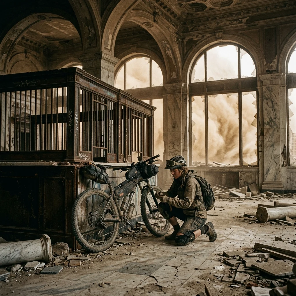 A mountain bike scout taking cover from a sudden haboob inside the gutted lobby of an old…