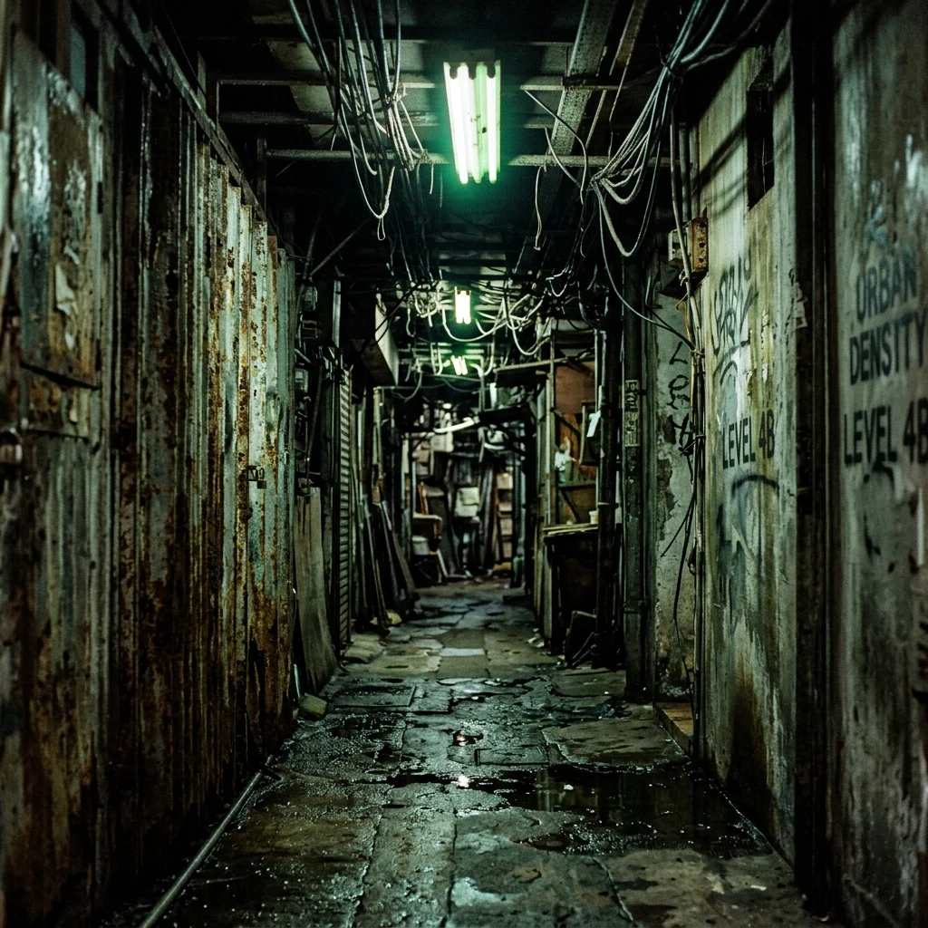 A dimly lit corridor inside Kowloon Walled City with bare fluorescent tubes flickering…