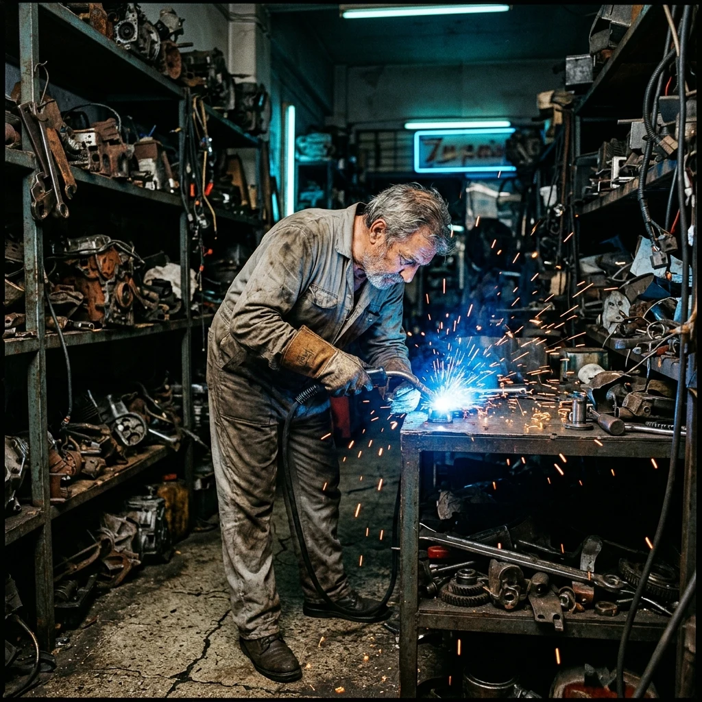 A late-night repair shop inside Kowloon Walled City