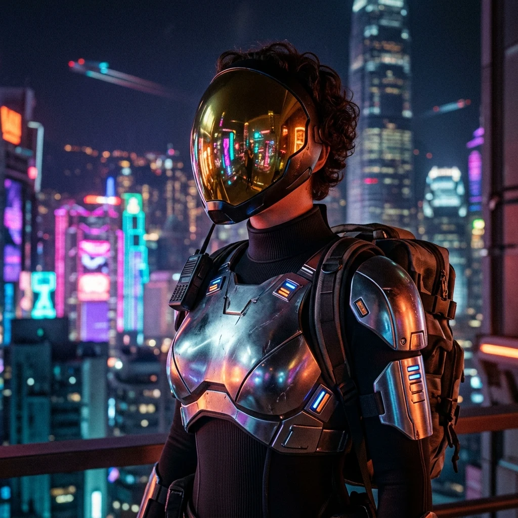 A female space courier wearing an asymmetrical chrome chestpiece over a ribbed neoprene…