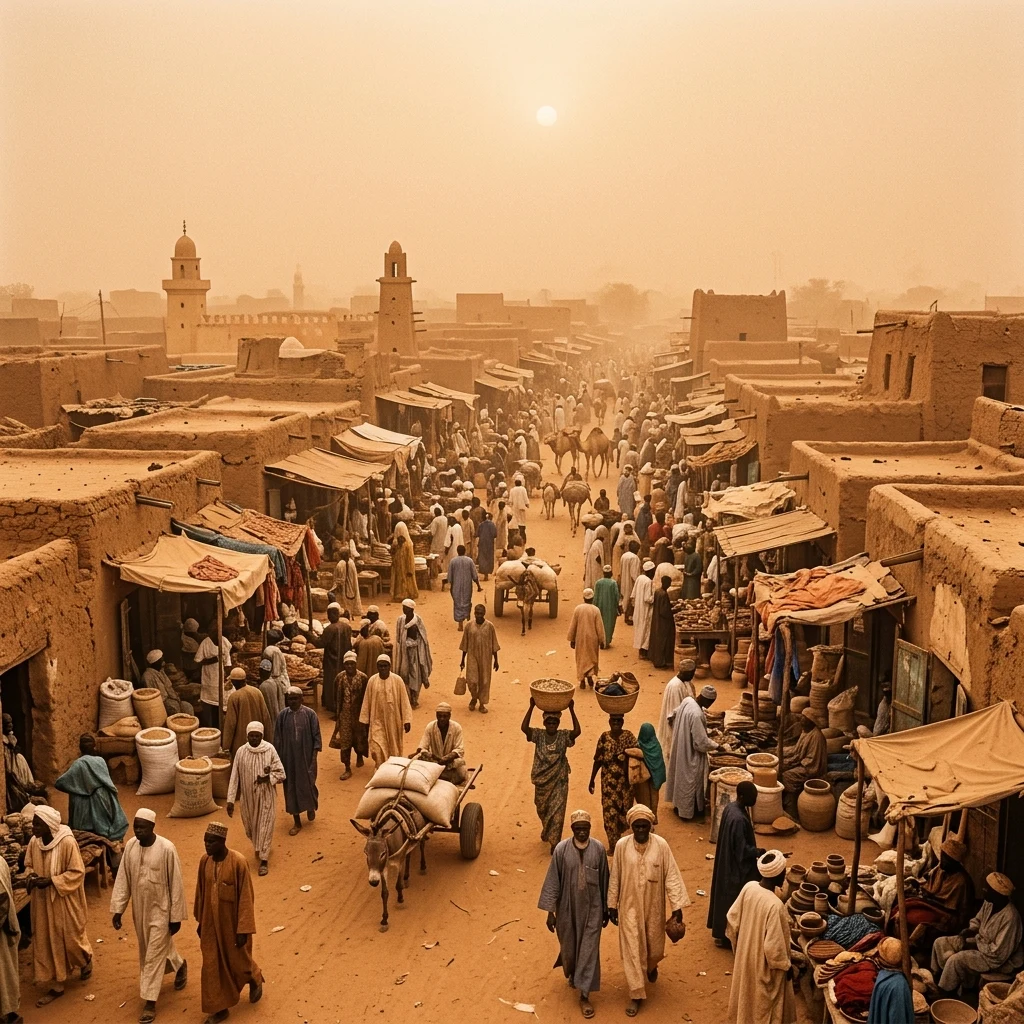 Harmattan dust over a Sahel market town at midday