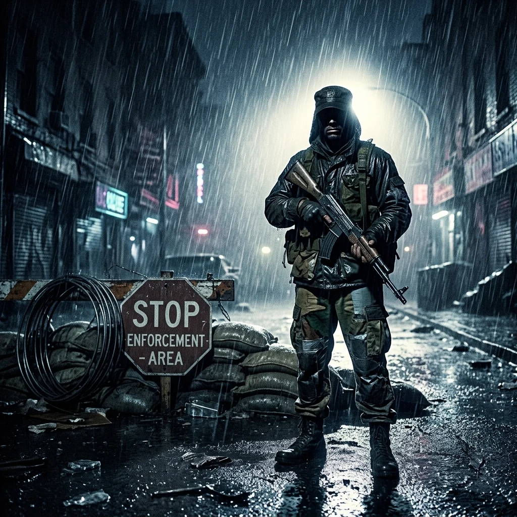 A checkpoint enforcer in a uniform assembled from three different armies