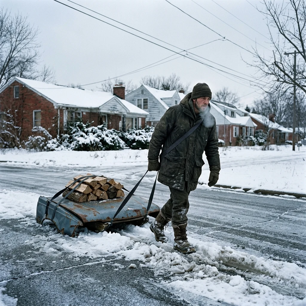 Person pulling a sled on a snowy road