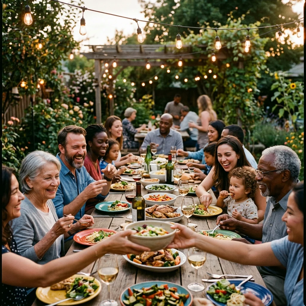 Family dinner in a cozy backyard