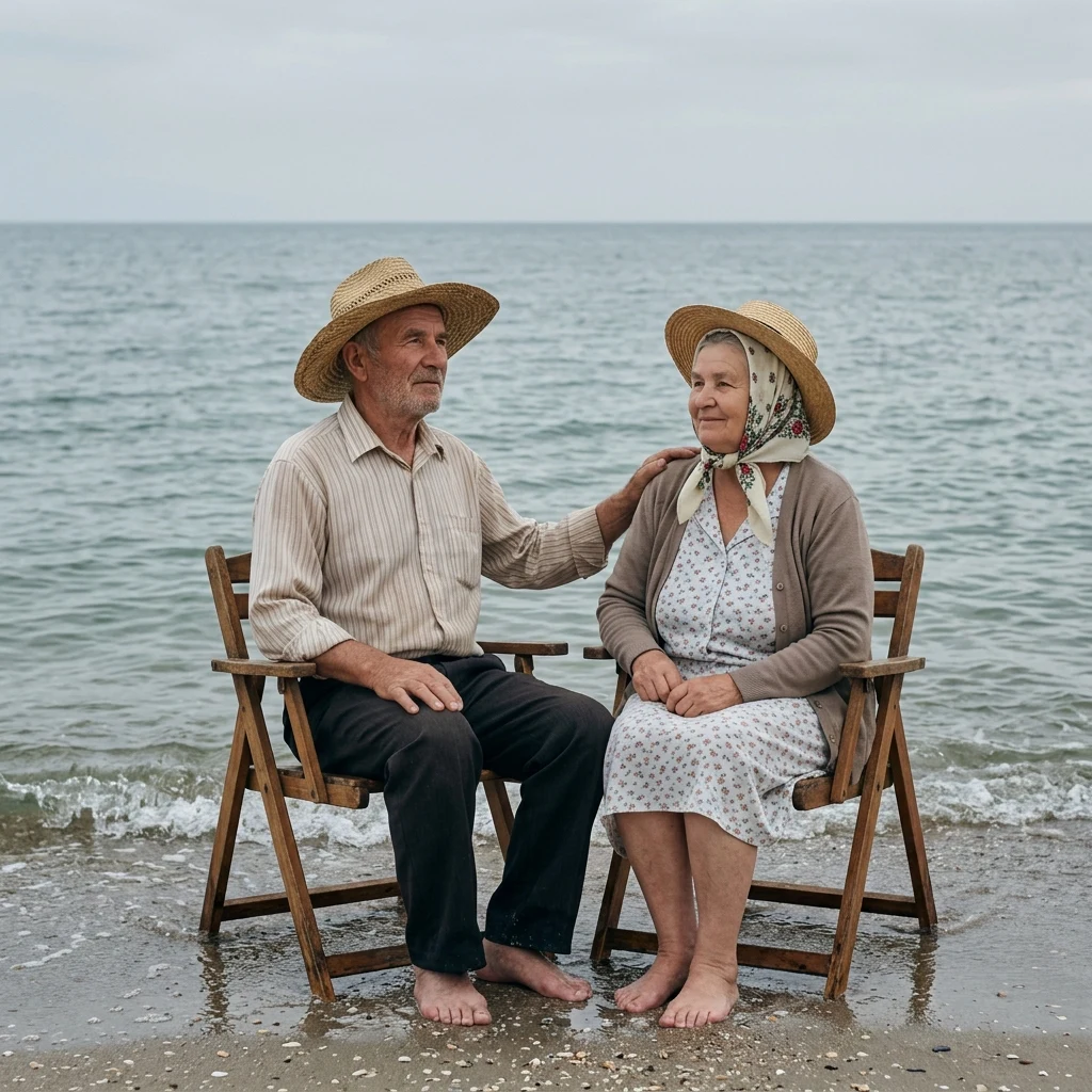 An elderly Ukrainian couple sitting together in wooden folding chairs at the tideline in…