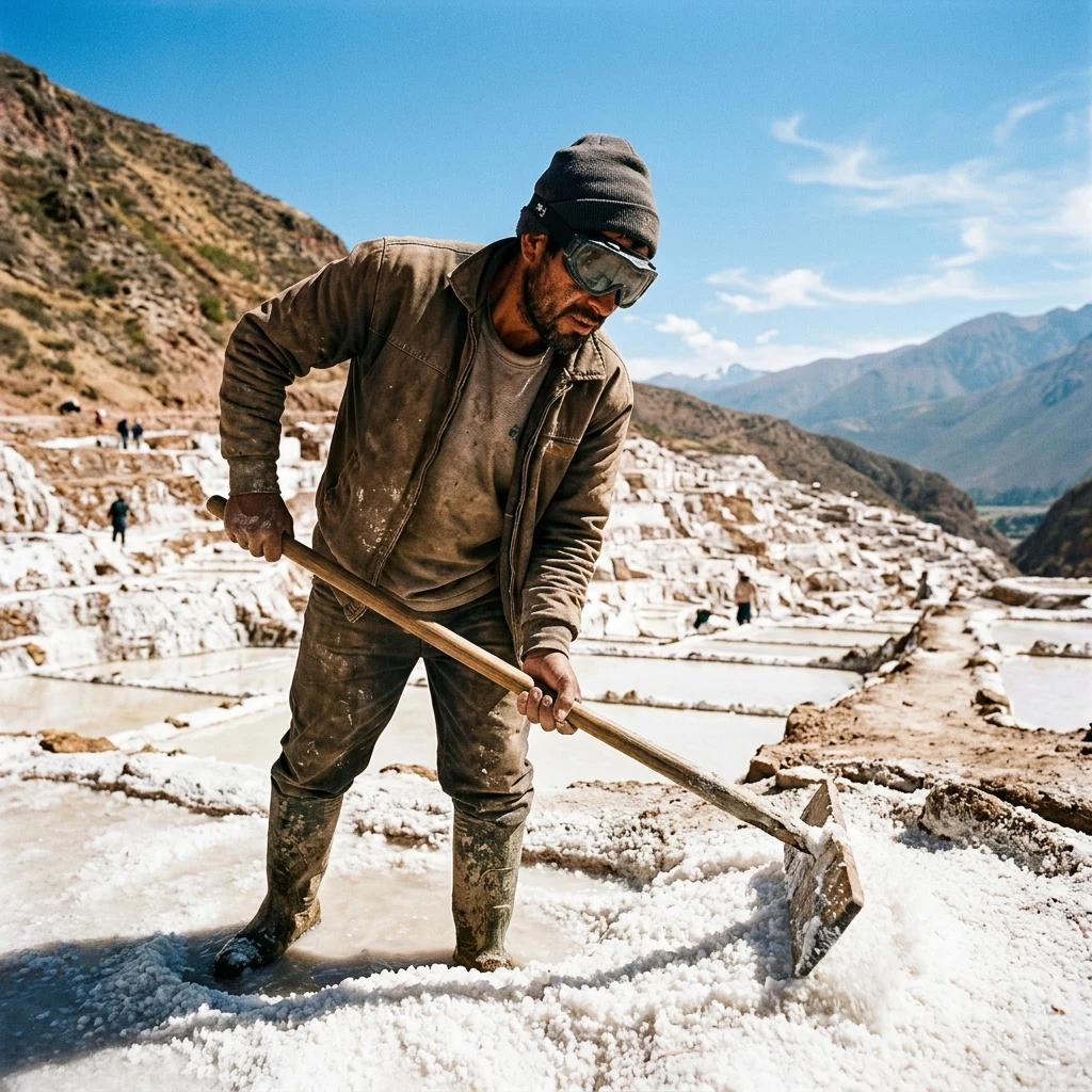 A salt harvester in his thirties wearing dark goggles