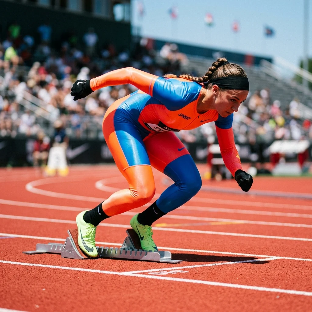 A 1980s track and field sprinter in a glossy