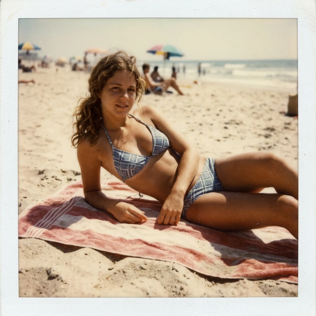 A photograph taken with a Kodak Instamatic of a petite 18 year old girl in a bikini…
