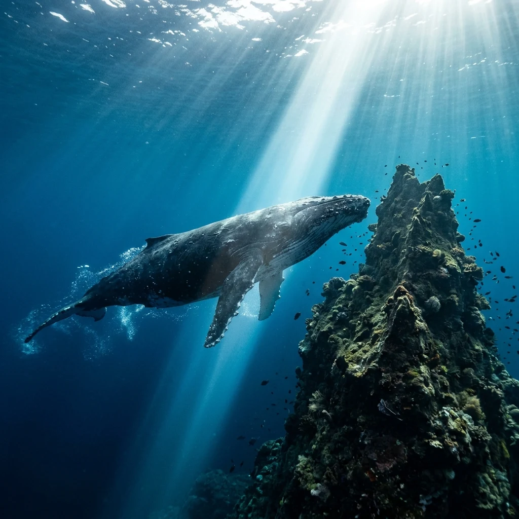An underwater view of a massive humpback whale swimming along a submerged volcanic peak…