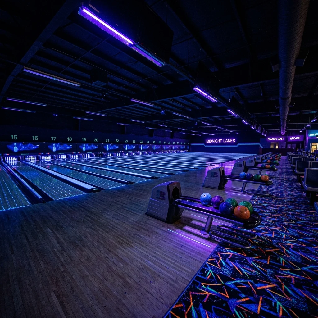 An empty glow-in-the-dark bowling alley