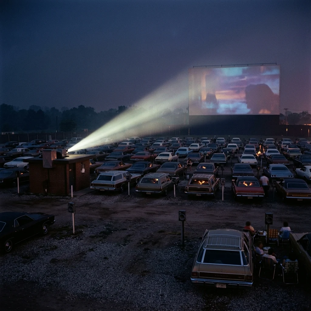 Vintage cars at a drive in movie theater