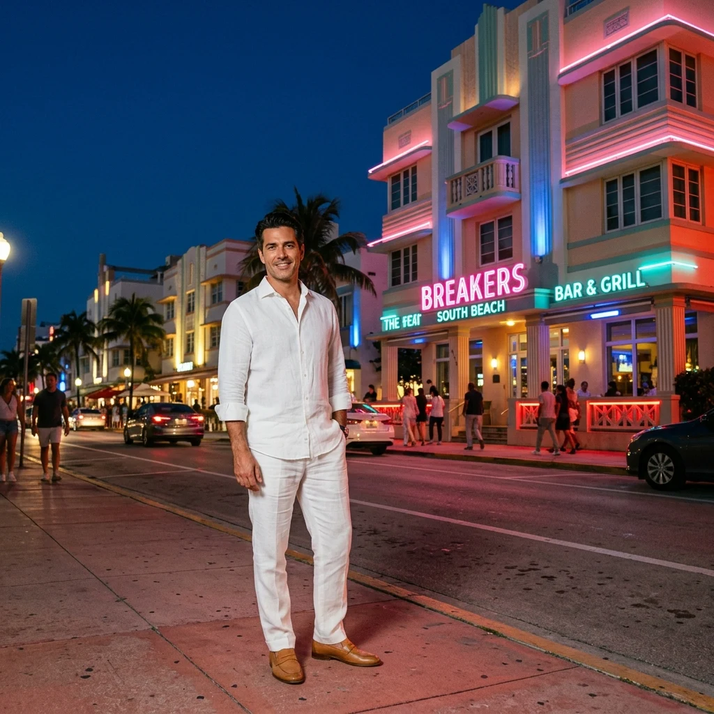 A man in an all-white linen set at dusk against a South Beach art deco facade just as the…