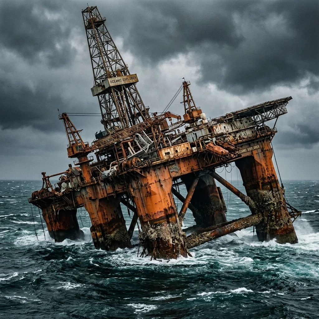 Colossal drilling platform wreckage in the ocean