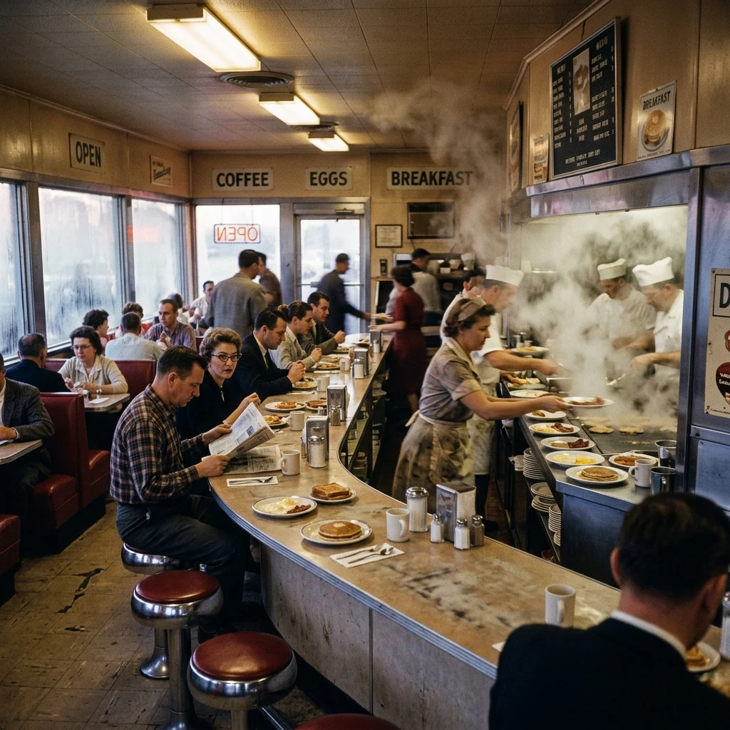 A Kodachrome slide of a roadside diner interior at breakfast rush