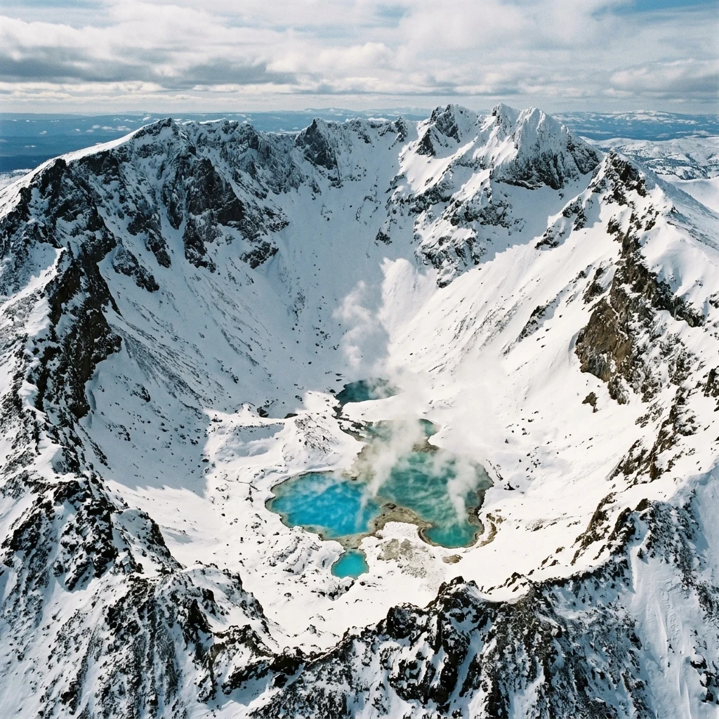 An epic view of a frozen volcanic caldera filled with deep snow and steaming thermal hot…