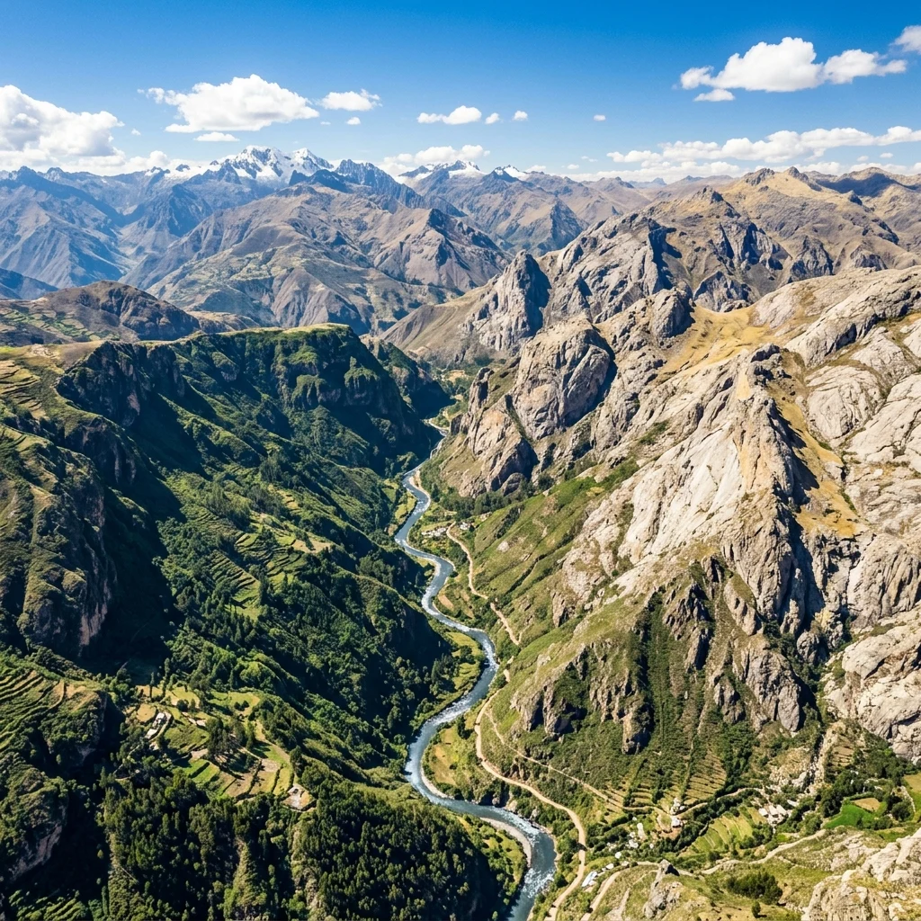 An aerial view of the meandering Mantaro River cutting a deep green gorge through the…