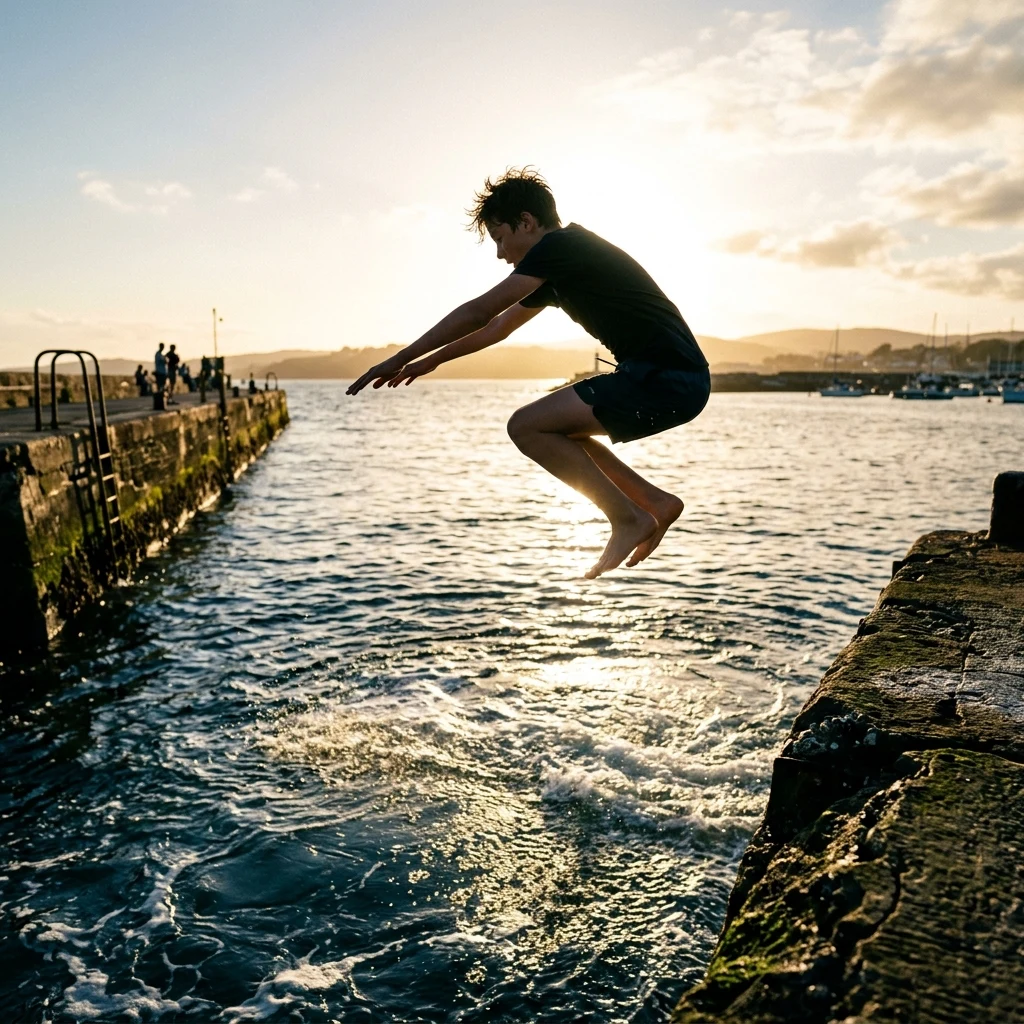 A young boy diving off a concrete pier into the ocean at Jamestown harbor in Accra