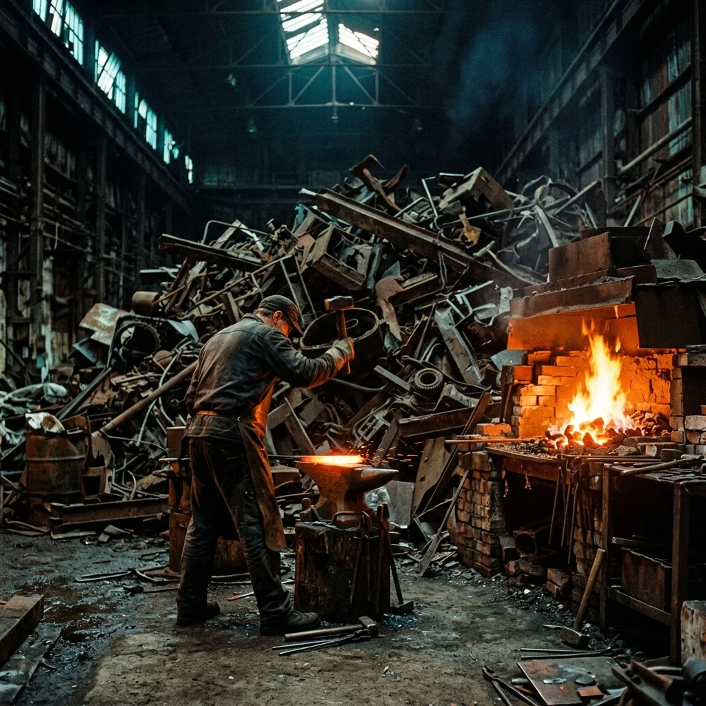A post-societal scrap metal mountain inside an abandoned foundry