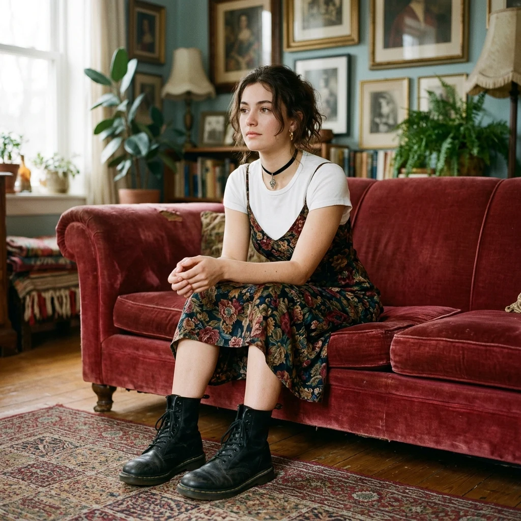 A teenage girl in a floral print spaghetti-strap slip dress over a plain white baby tee