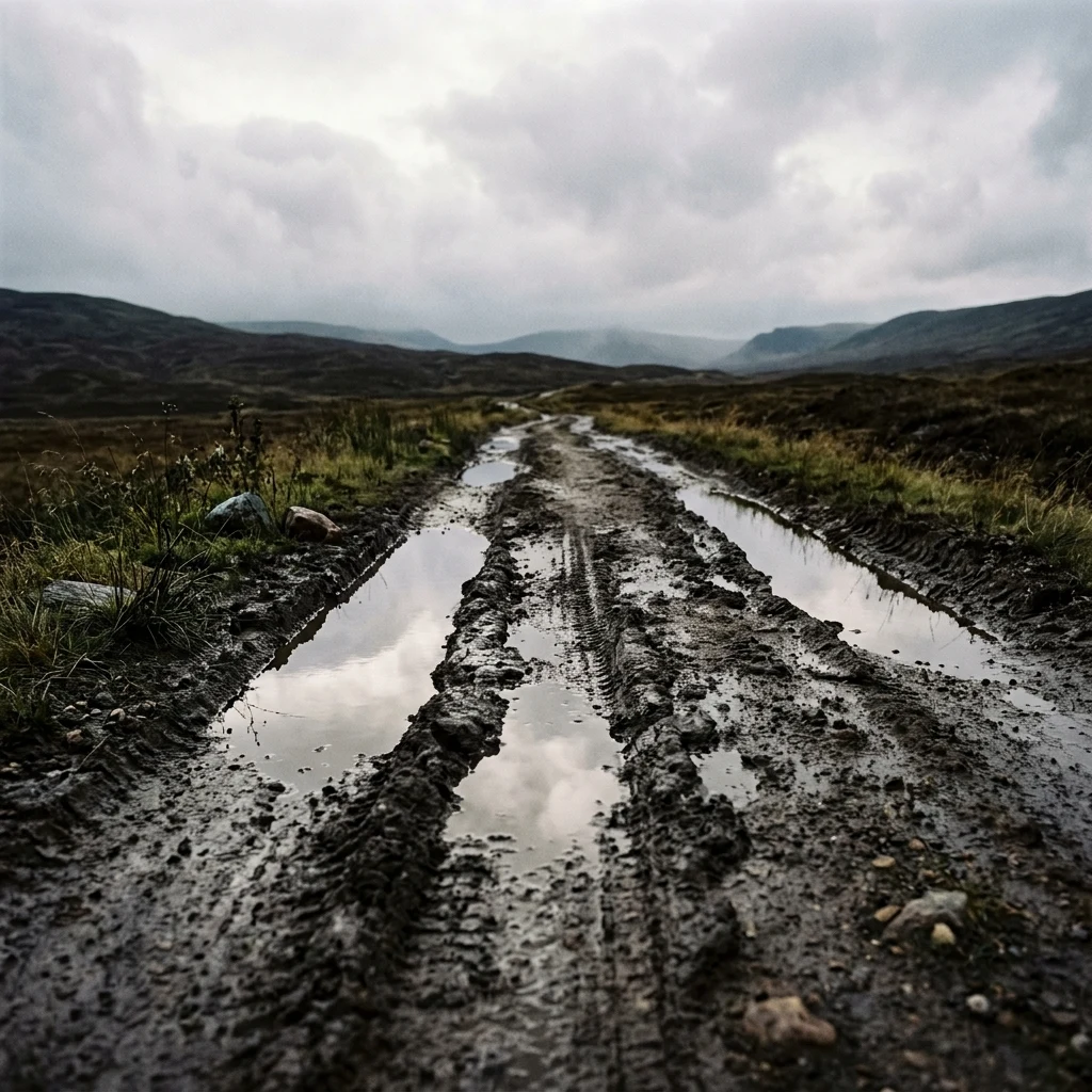A mud-season dirt road in deep ruts