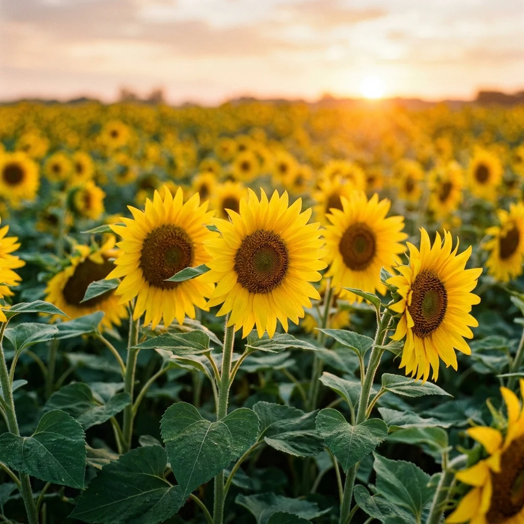 A sunflower field at the moment the heads turn
