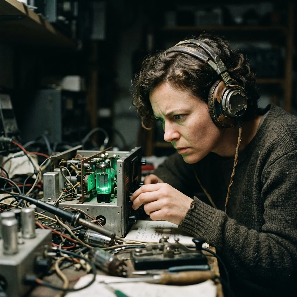 A radio operator in her thirties wearing salvaged headphones