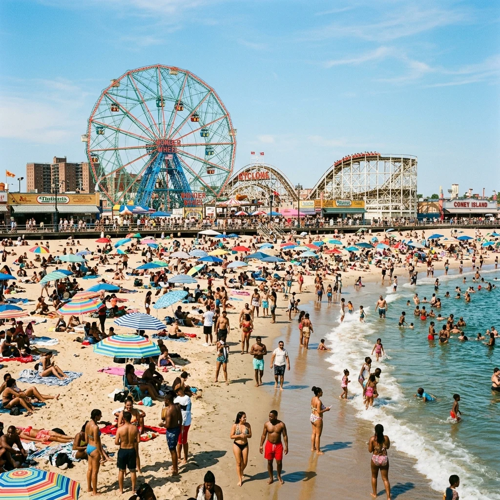 A packed afternoon at Coney Island Beach in Brooklyn