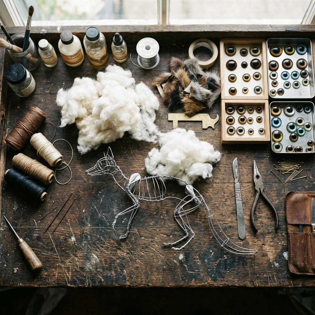 Tools and glass eyes on a workshop bench