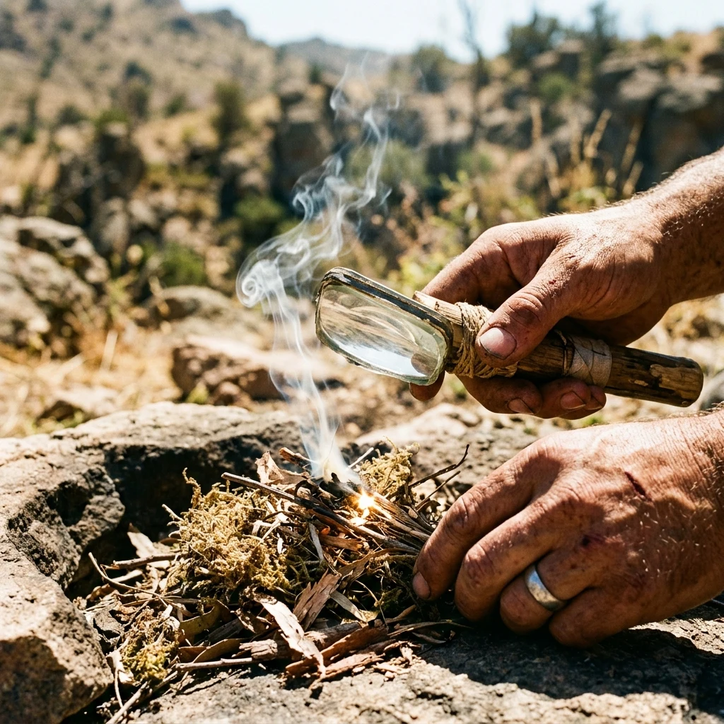 A survivor lighting a tinder bundle using the magnifying lens salvaged from an old…