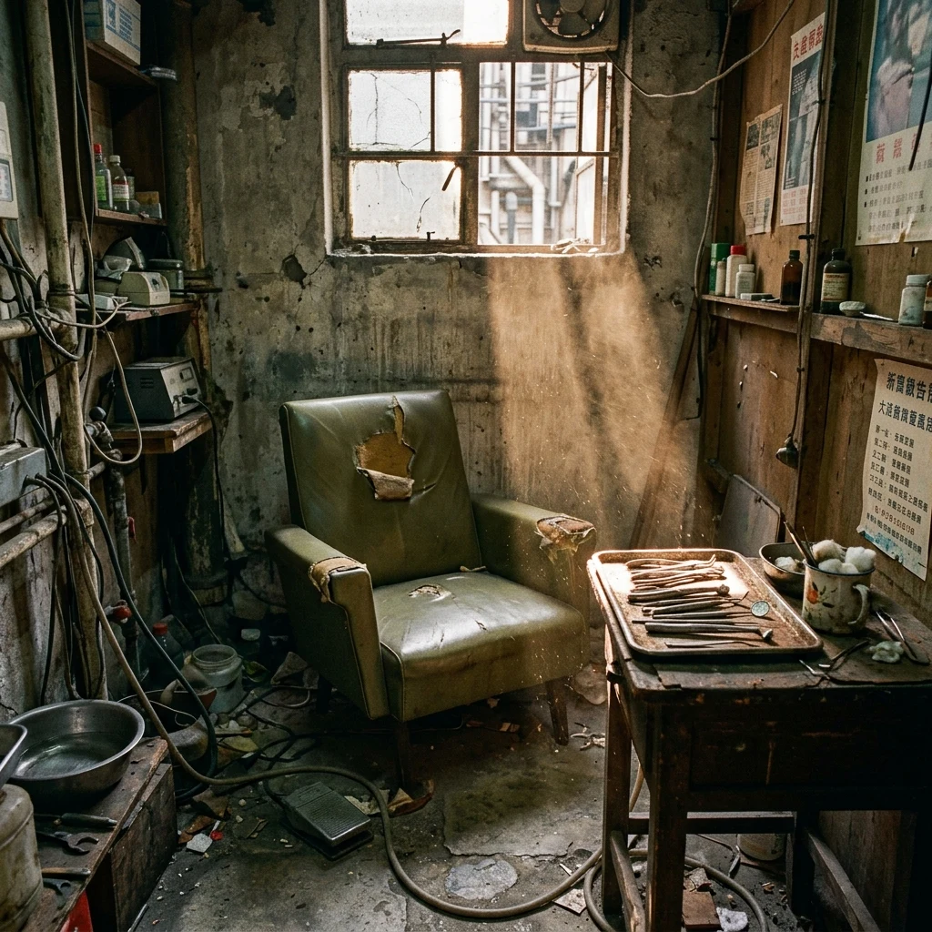 A rooftop tooth doctor's office in Kowloon Walled City during the day