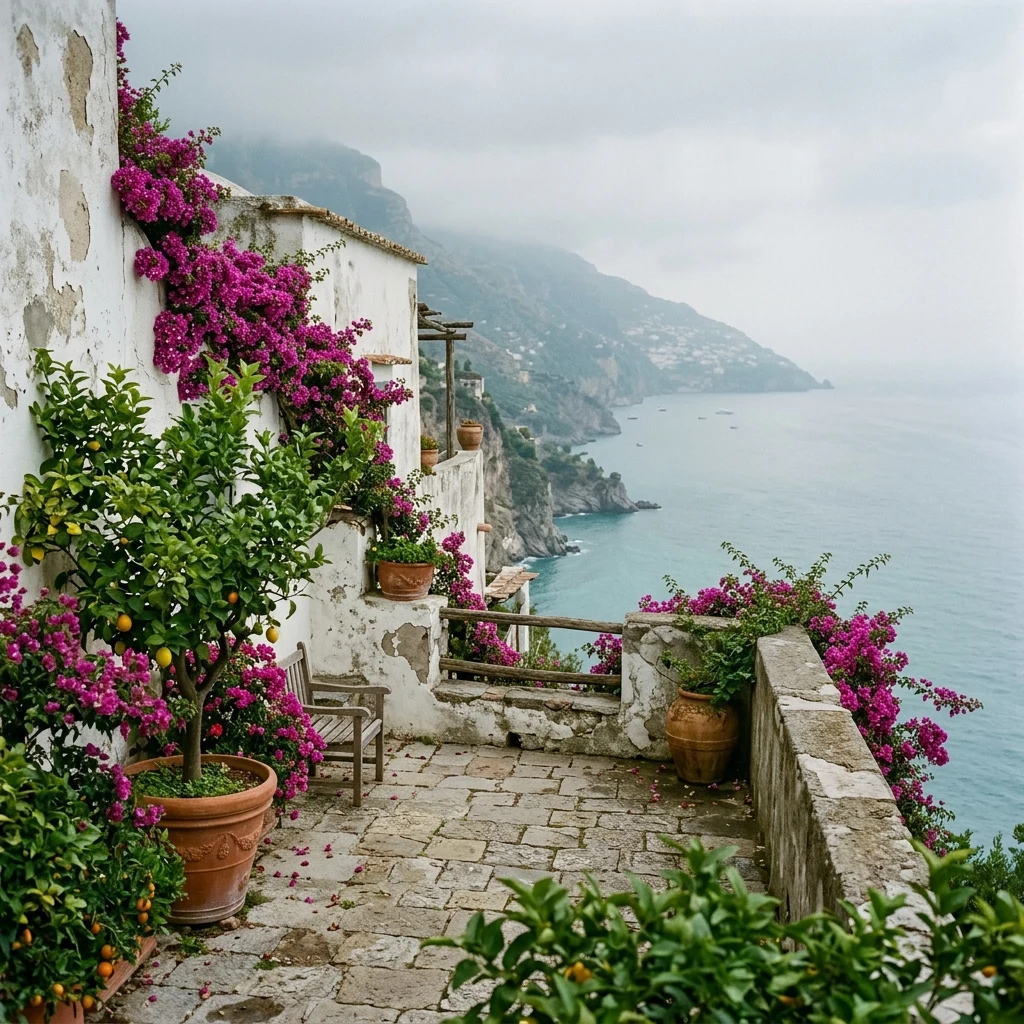Stone terrace with flowers overlooking the sea
