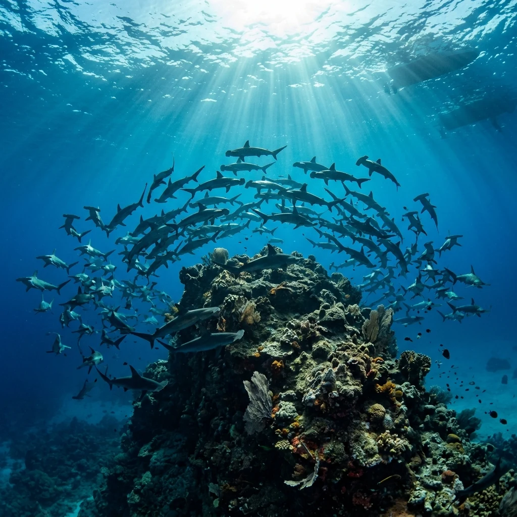 A school of pelagic hammerhead sharks circling the summit of a submerged seamount along…