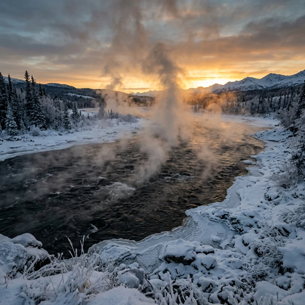 A river in steam fog at thirty below