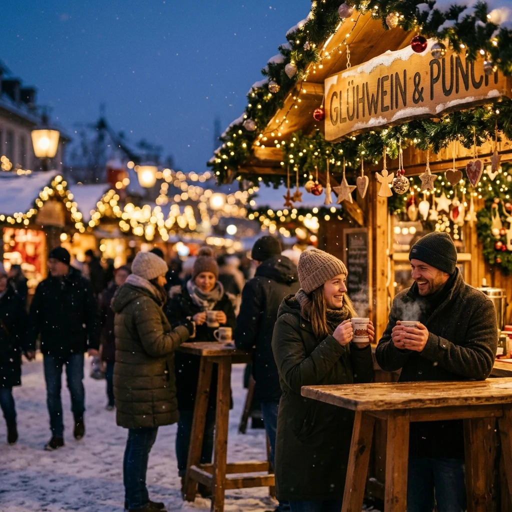 Festive winter market at twilight