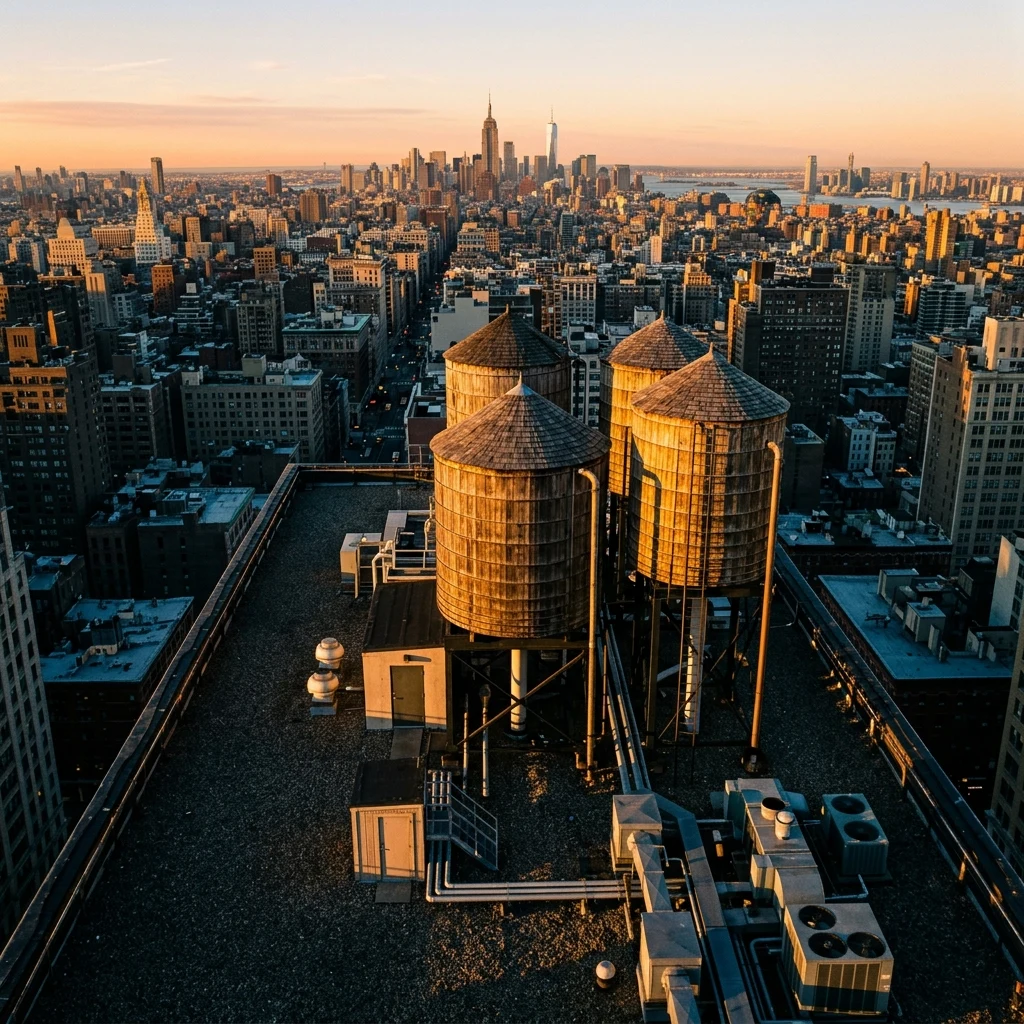 A drone photograph of Manhattan rooftop water towers at sunrise